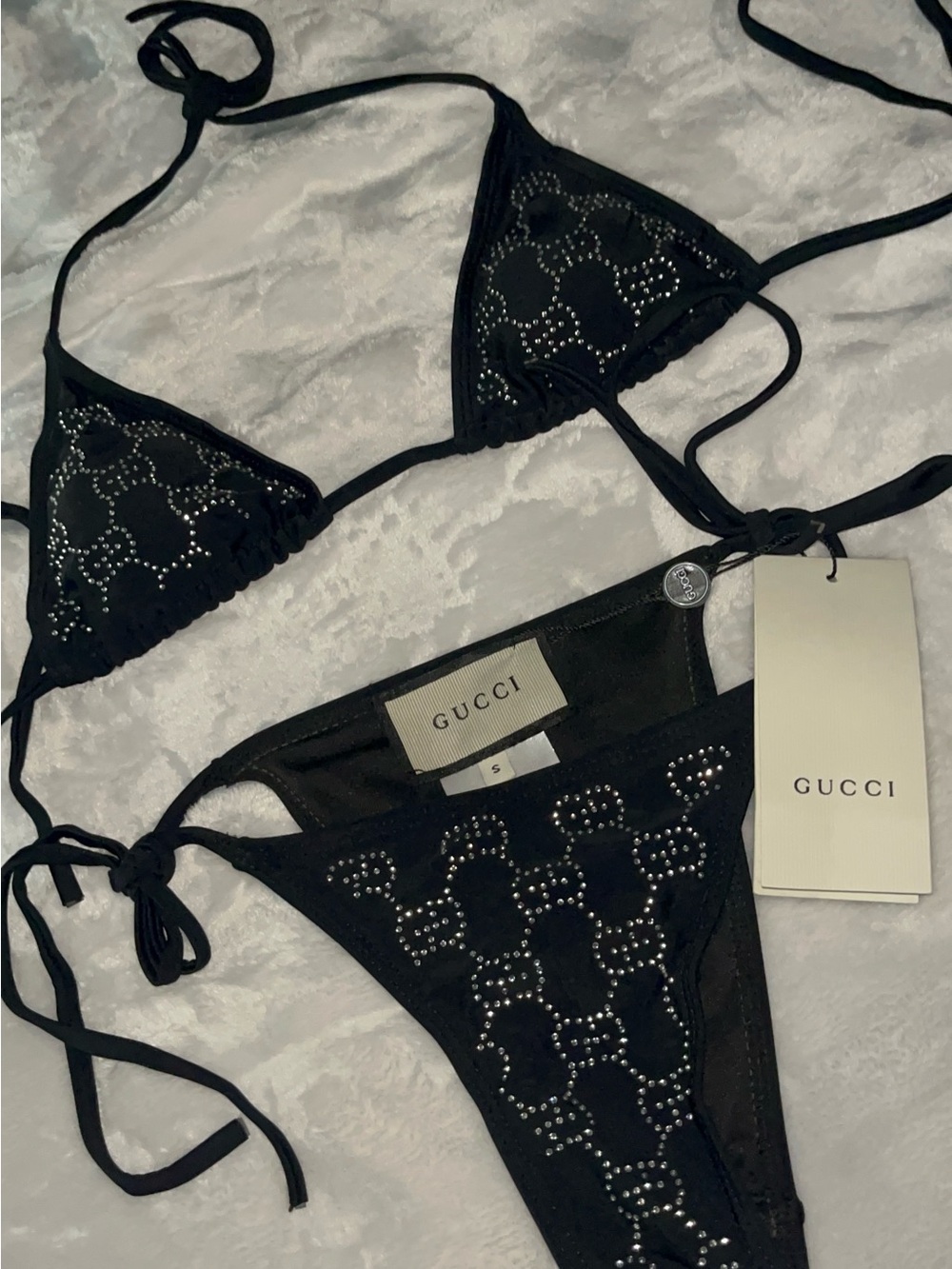 GUCCI Black Rhinestone Logo Triangle Bikini - Picture 2 of 4